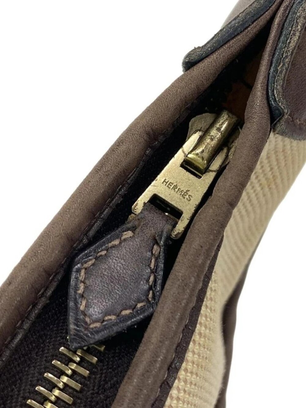 HERMES Trim 31 Cream Dark Brown Toile H Leather Square F Shoulder Bag - Picture 8 of 15